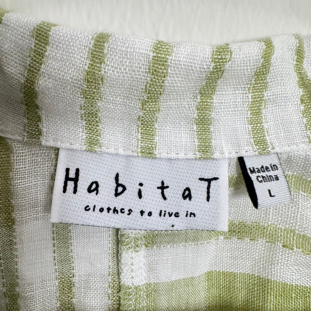 Habitat Womens Size L 100% Linen Striped Button Down Shirt Green White Relaxed - Picture 3 of 7